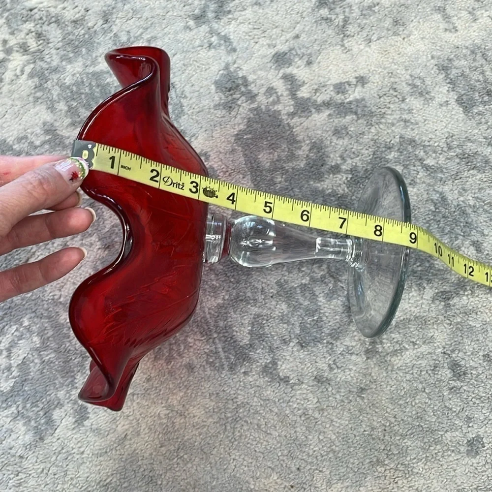 Red Leaf Imprint Ruffled Footed Glass Candy Dish Stand Clear